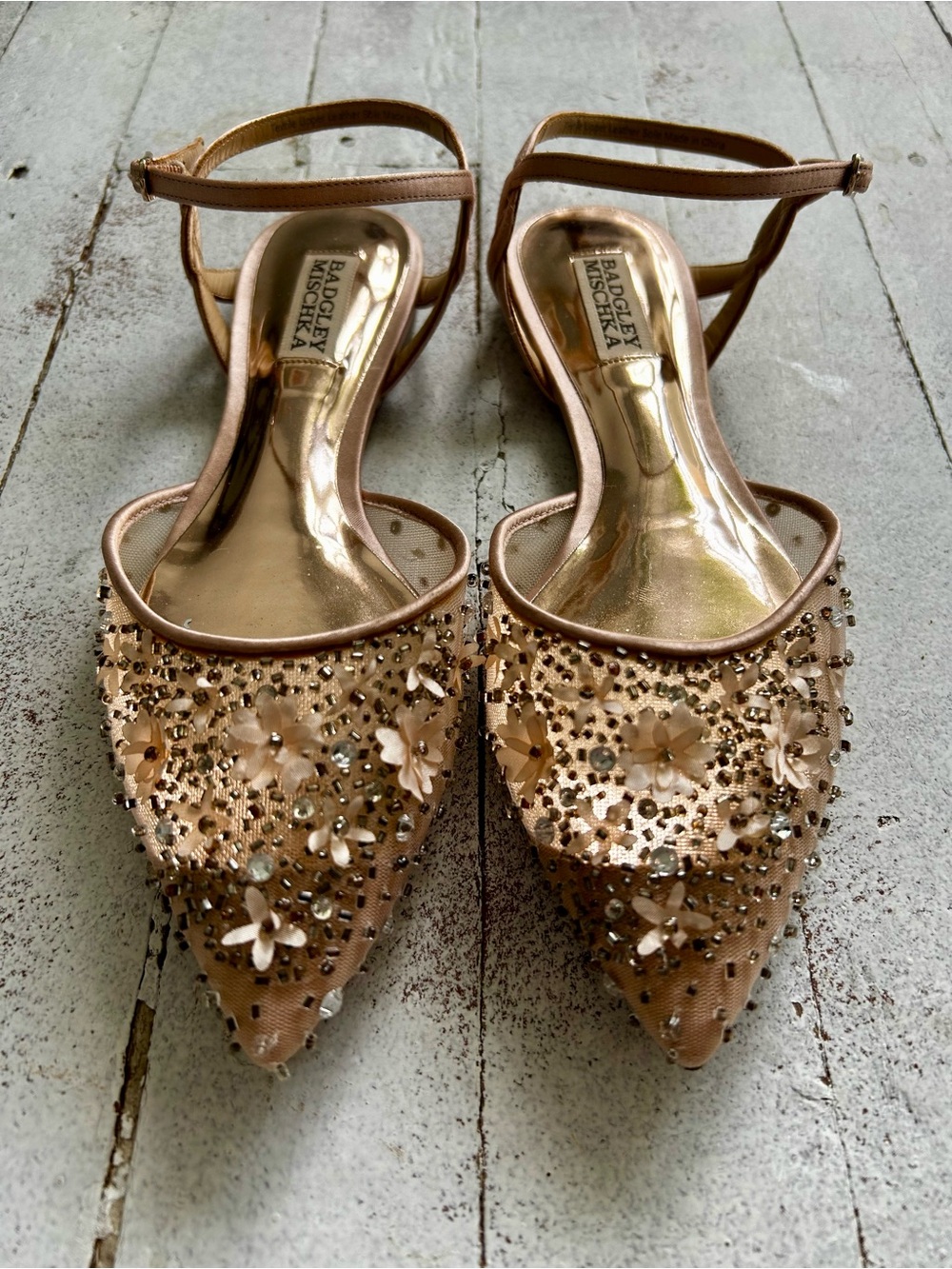 Badgley Mischka Rose Gold Embellished Pointed Toe formal flats